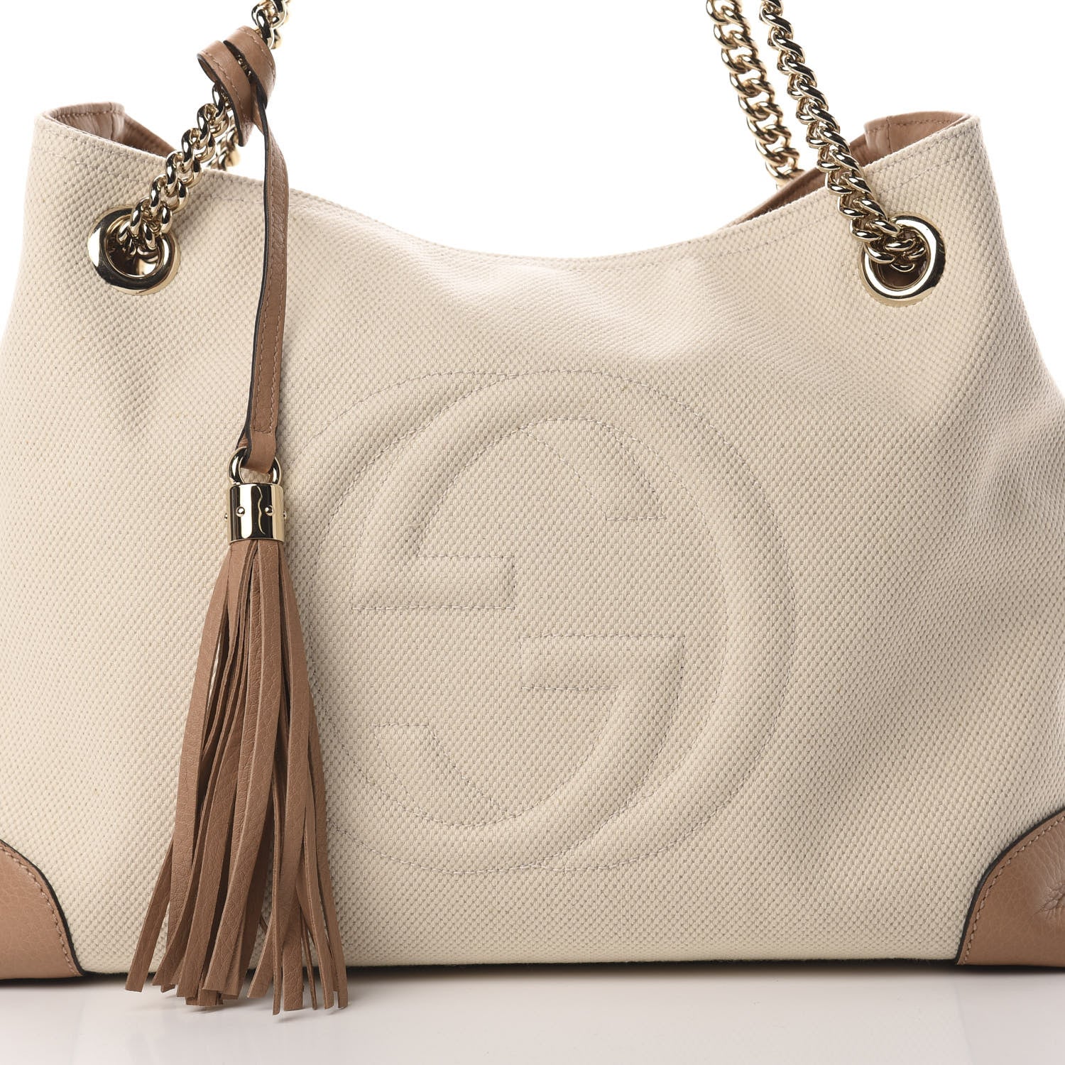 Gucci Linen Canvas Pebbled Calfskin Medium Soho Chain Shoulder Bag White Camelia 8 of 10