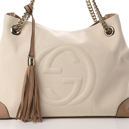 Gucci Linen Canvas Pebbled Calfskin Medium Soho Chain Shoulder Bag White Camelia 8 of 10