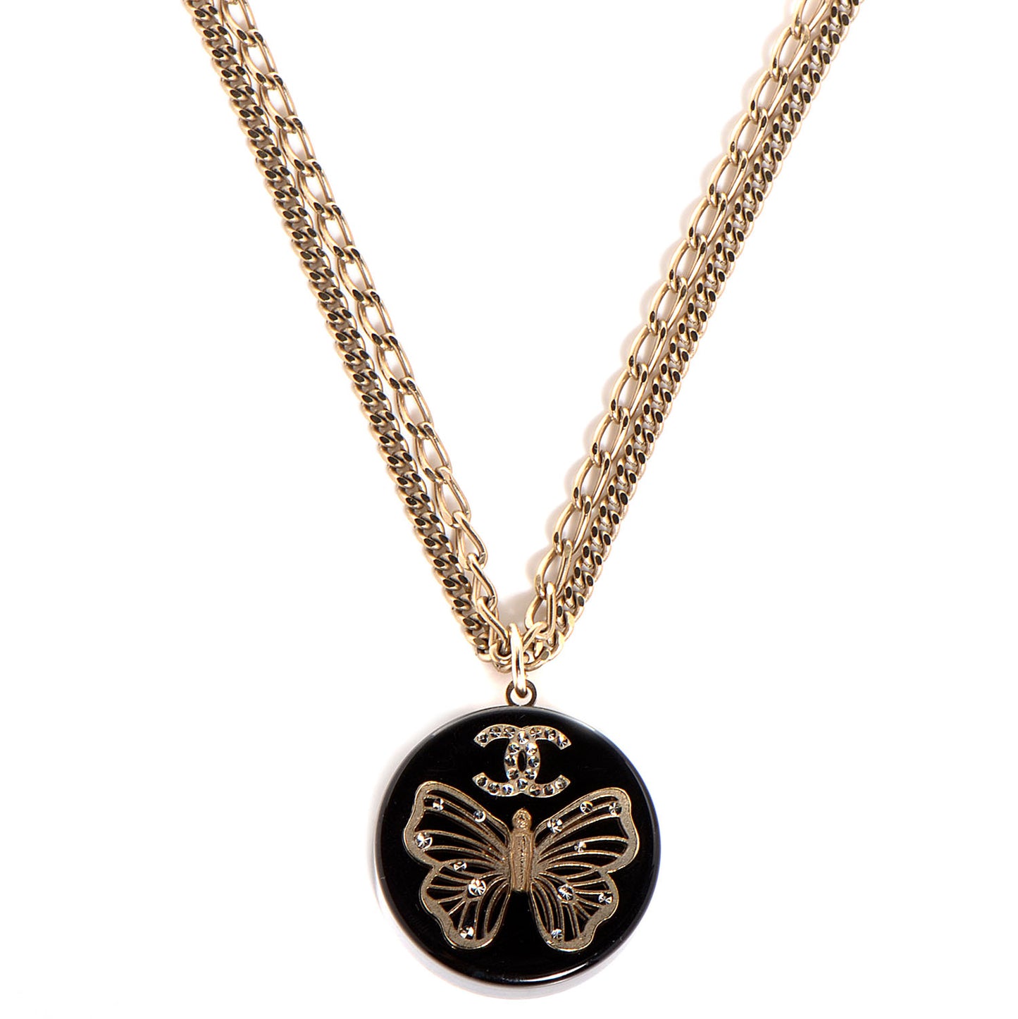Crystal Resin Butterfly CC Pendant Necklace Black Gold