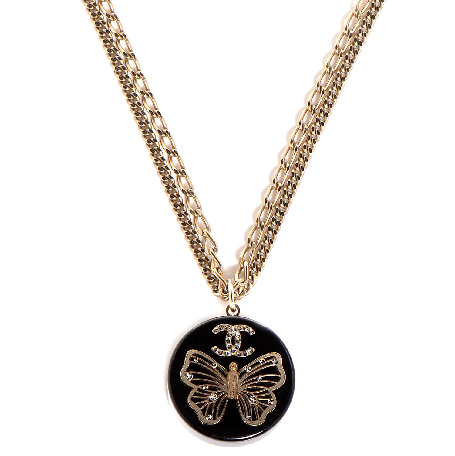 Chanel Crystal Resin Butterfly CC Pendant Necklace Black Gold 1 of 5