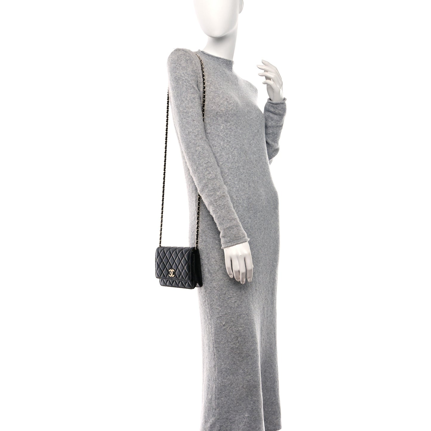 Caviar Quilted Studded CC Wallet on Chain WOC Black