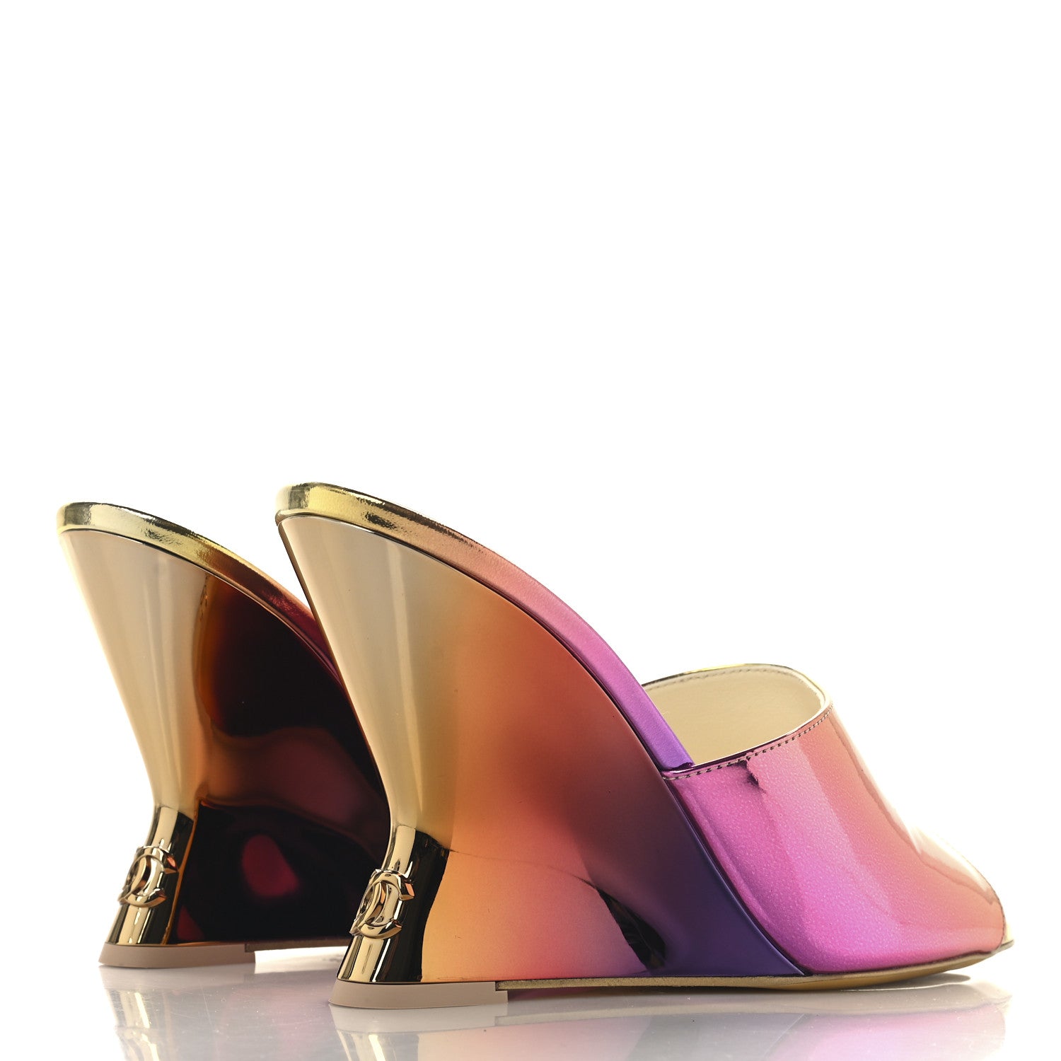 Chanel Laminated Calfskin Wedge Mules 38 Pink Orange Yellow 5 of 9