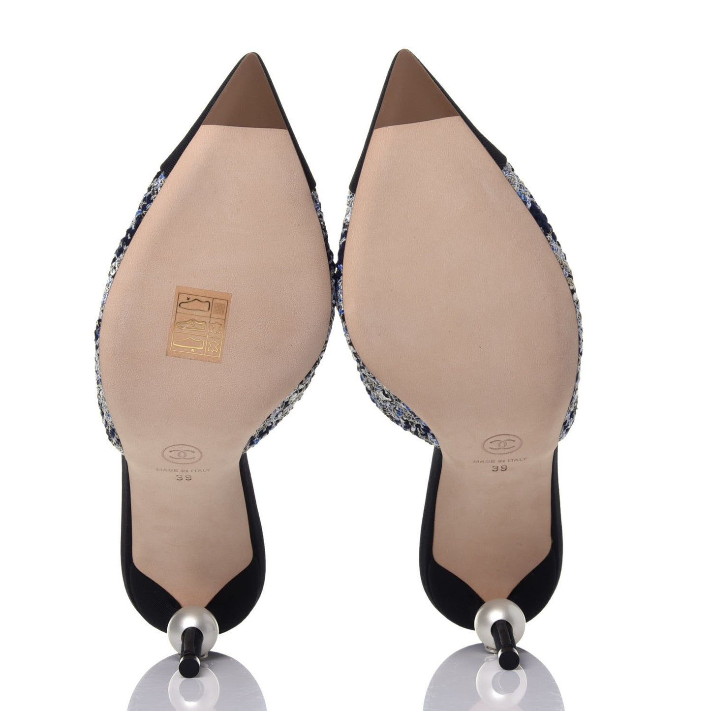 Tweed Grosgrain Pearl Mules 39 Navy White Black