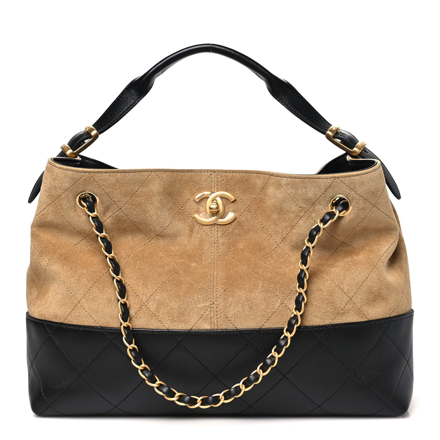 Chanel Suede Calfskin Shiny Lambskin Quilted Small Coco Base Shopping Bag Beige Black 1 of 11