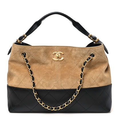 Chanel Suede Calfskin Shiny Lambskin Quilted Small Coco Base Shopping Bag Beige Black 1 of 11