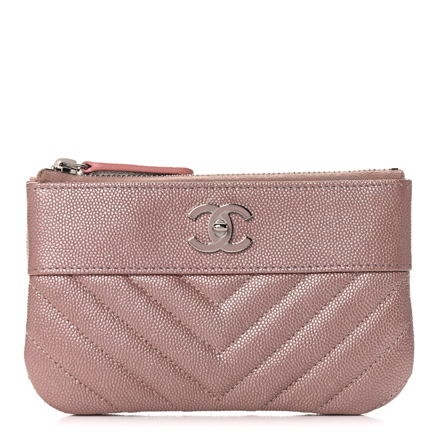 Metallic Caviar Chevron Quilted Small Vintage Mademoiselle Cosmetic Case Pink