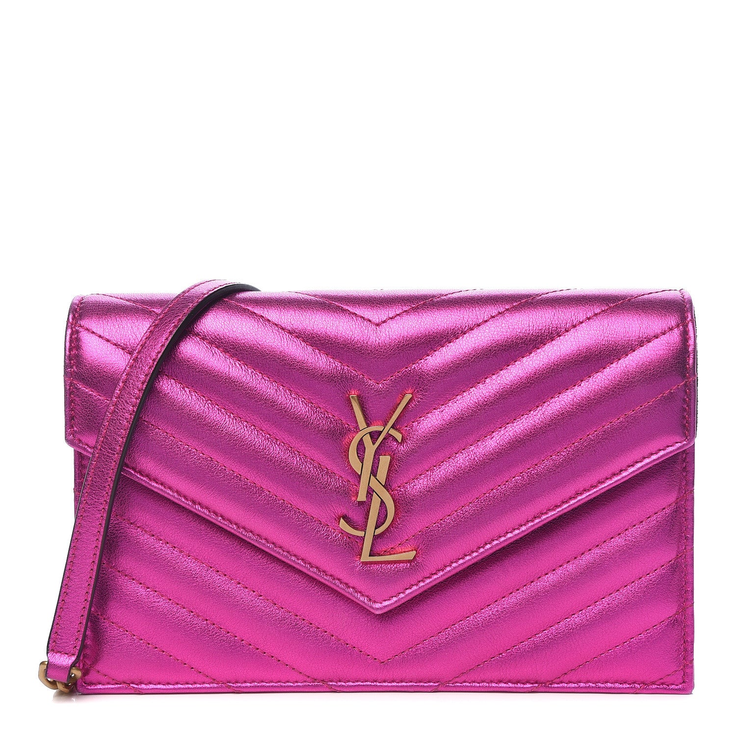 Saint Laurent Metallic Calfskin Matelasse Chevron Monogram Envelope Chain Wallet Fuchsia 1 of 10