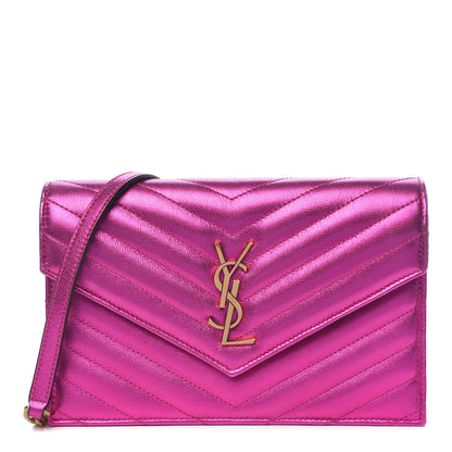 Saint Laurent Metallic Calfskin Matelasse Chevron Monogram Envelope Chain Wallet Fuchsia 1 of 10