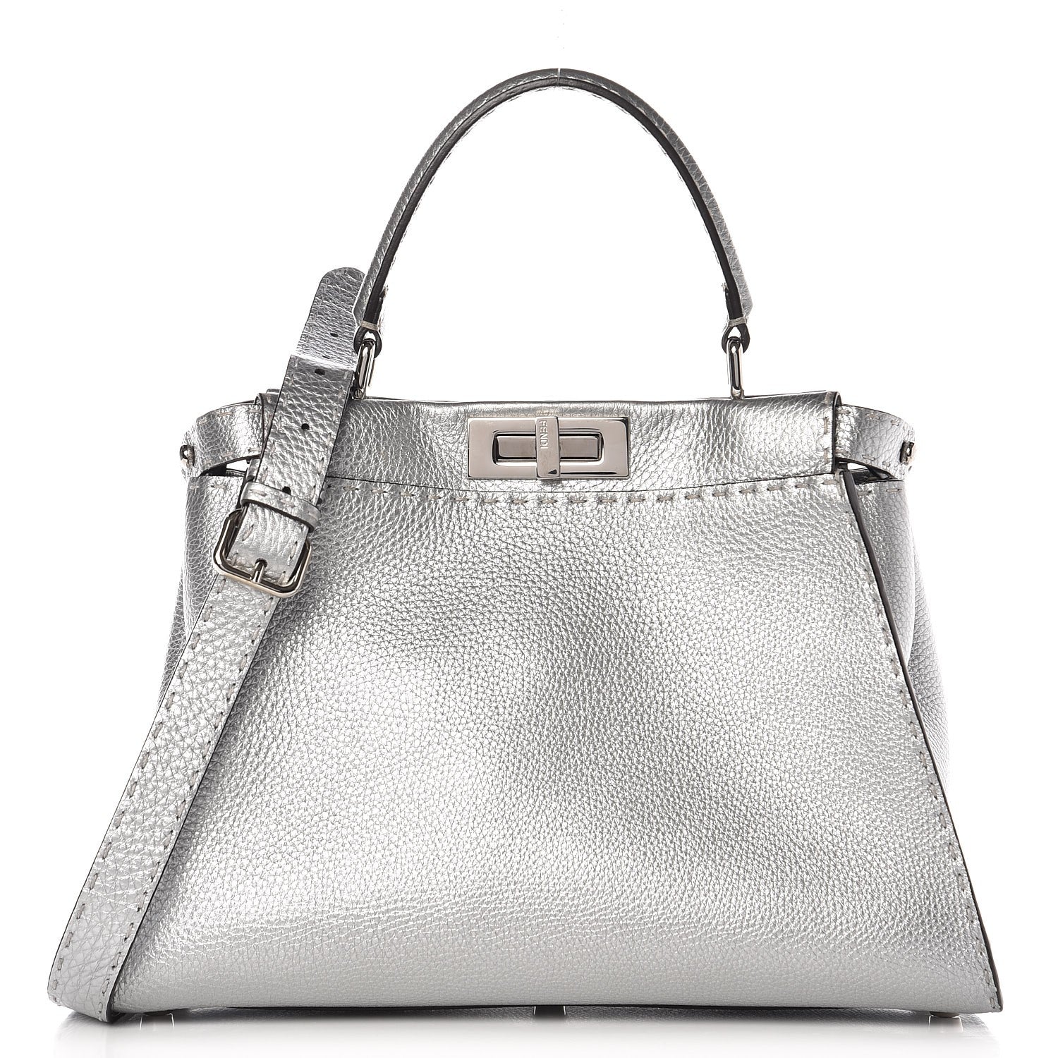 Fendi Cuoio Romano Lux Selleria Medium Peekaboo Iconic Satchel Argento 1 of 9