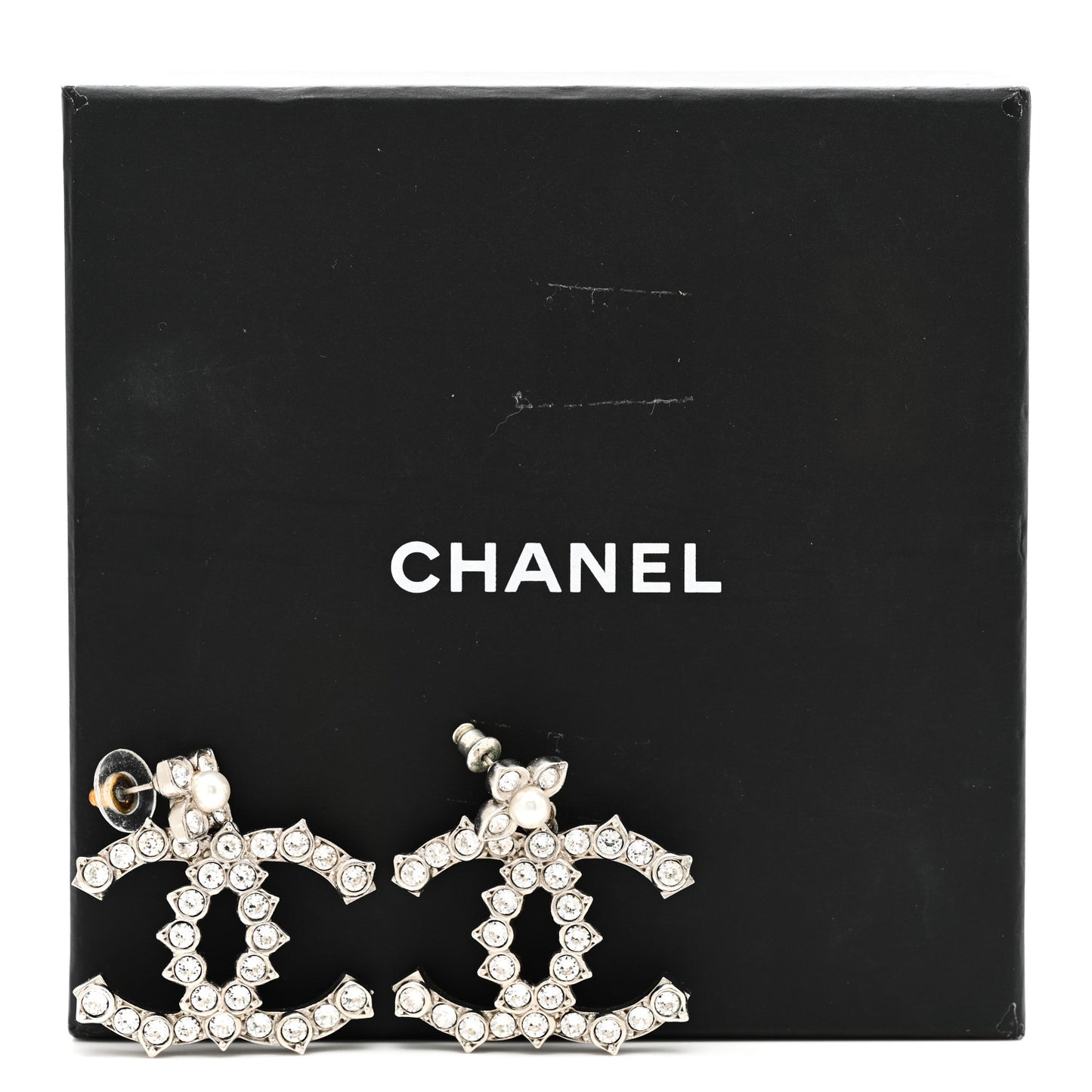 Metal Pearl Crystal CC Flower Drop Earrings Silver