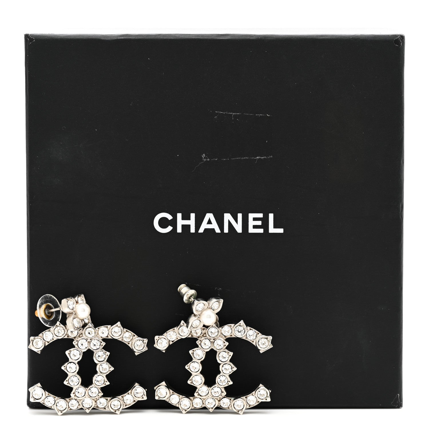 Chanel Metal Pearl Crystal CC Flower Drop Earrings Silver 6 of 6