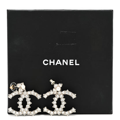 Chanel Metal Pearl Crystal CC Flower Drop Earrings Silver 6 of 6