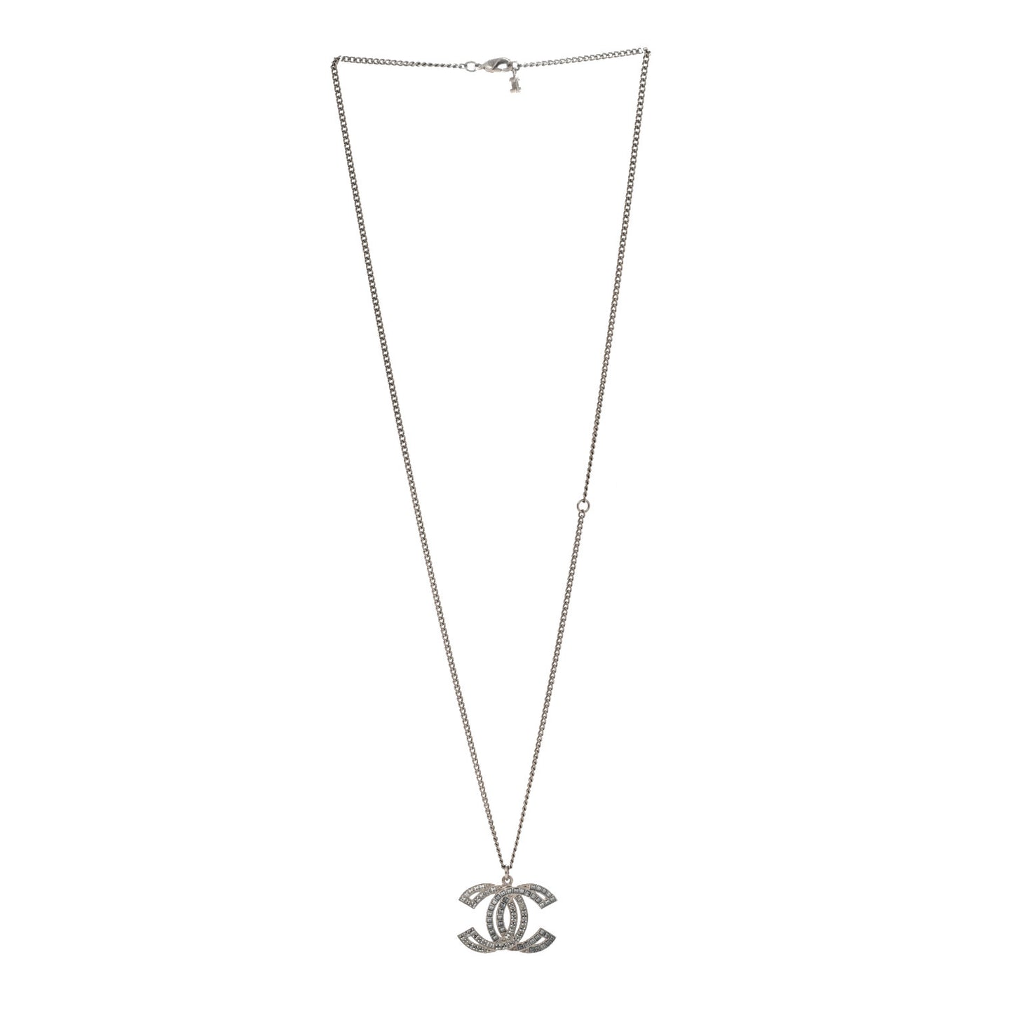 Metal Crystal Baguette CC Pendant Necklace Silver