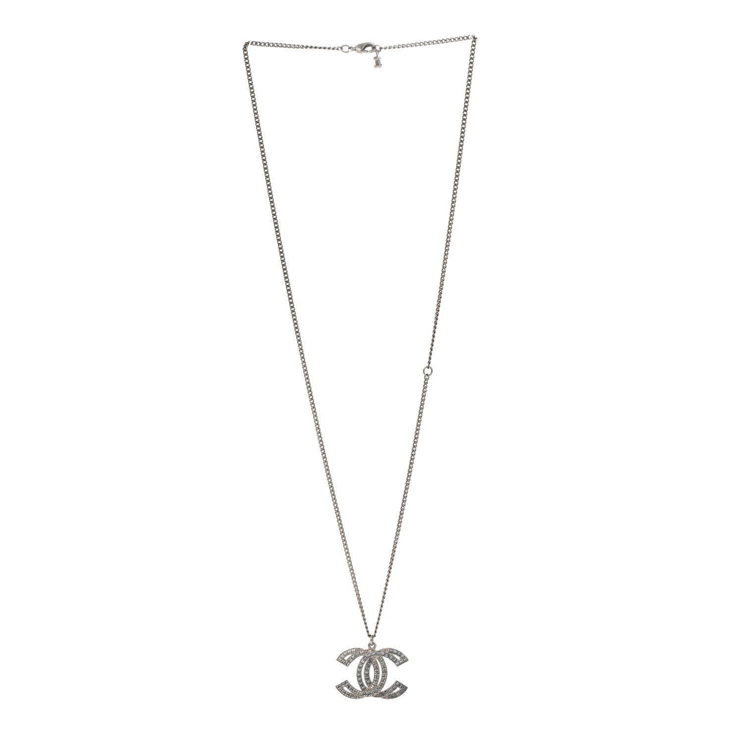 Chanel Metal Crystal Baguette CC Pendant Necklace Silver 2 of 4
