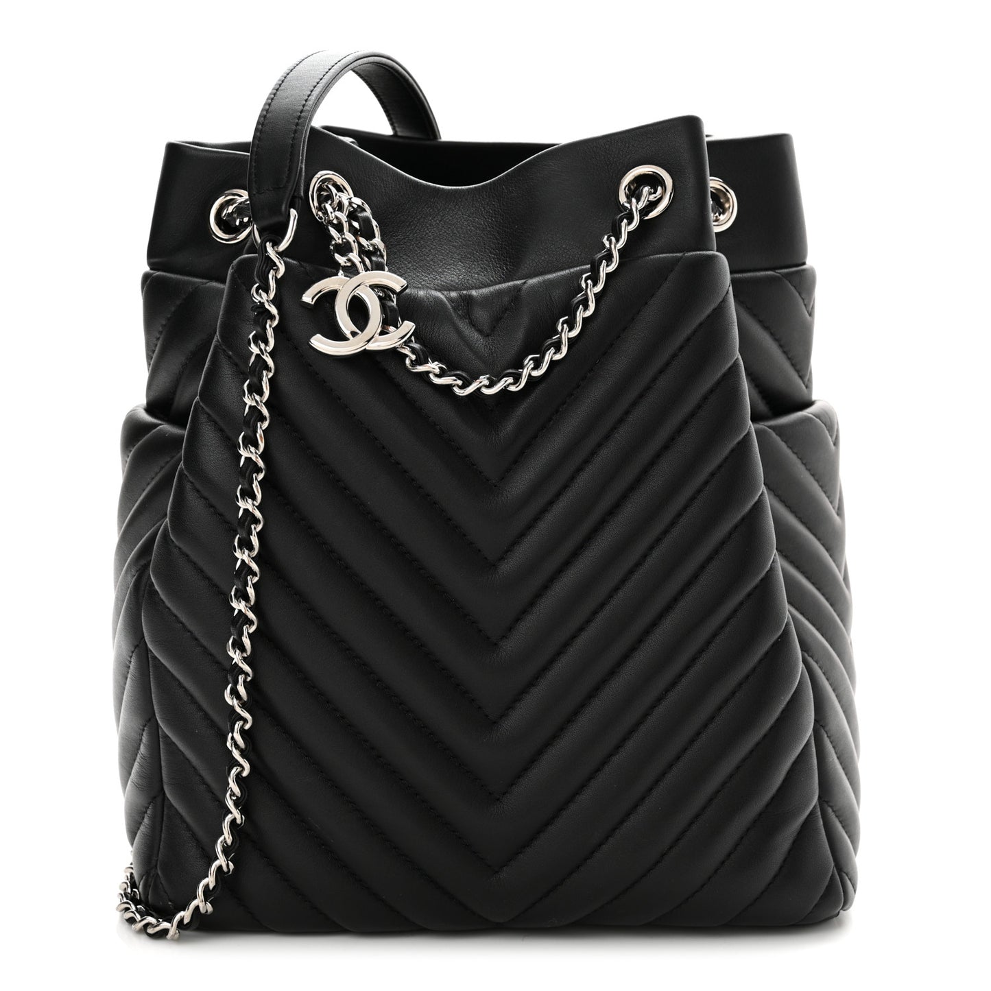 Lambskin Chevron Small Urban Spirit Drawstring Bag Black
