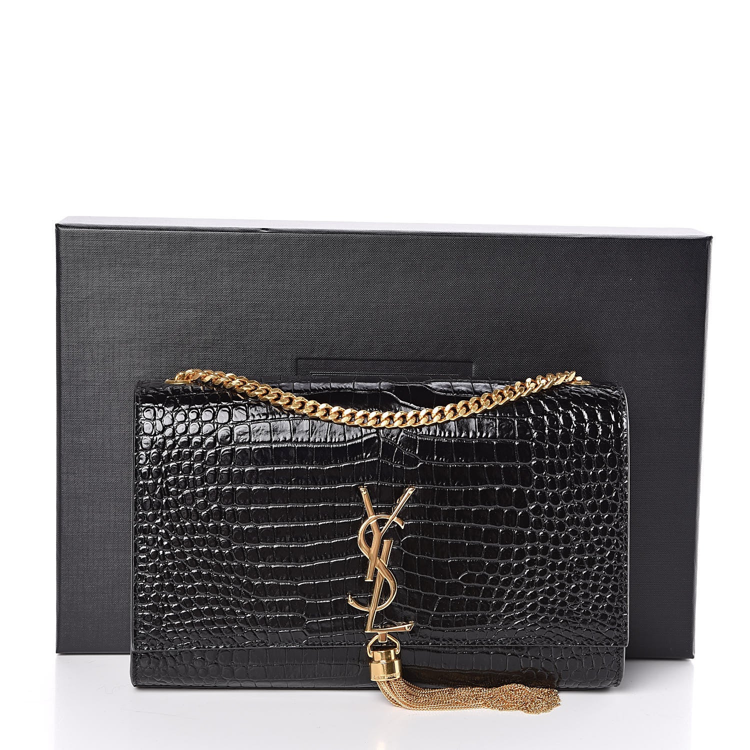 Saint Laurent Calfskin Crocodile Embossed Medium Classic Monogram Kate Tassel Satchel Black 11 of 11
