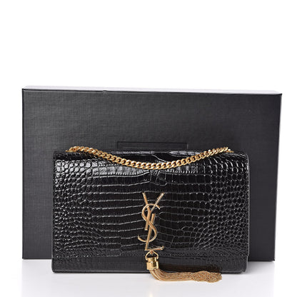Saint Laurent Calfskin Crocodile Embossed Medium Classic Monogram Kate Tassel Satchel Black 11 of 11