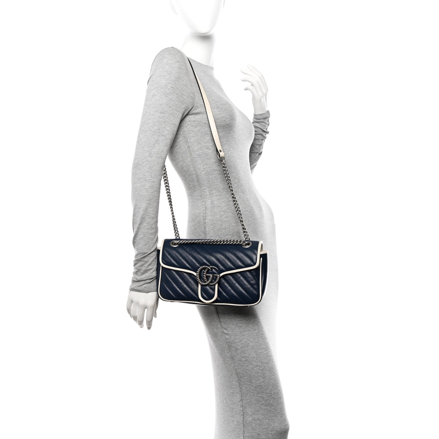 Vintage Effect Calfskin Matelasse Diagonal Small Torchon GG Marmont Shoulder Bag Blue Agata Mystic White