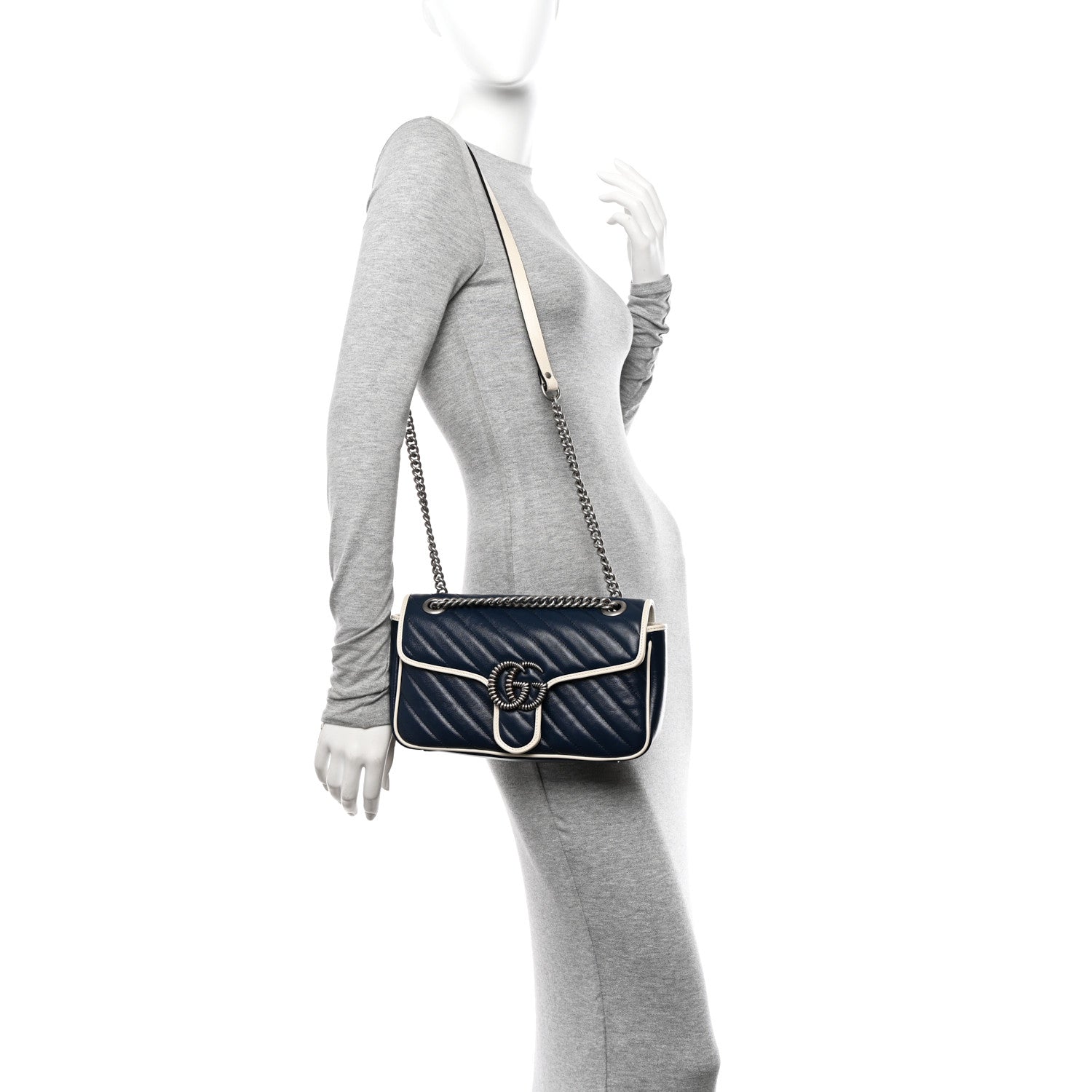 Gucci Vintage Effect Calfskin Matelasse Diagonal Small Torchon GG Marmont Shoulder Bag Blue Agata Mystic White 2 of 11