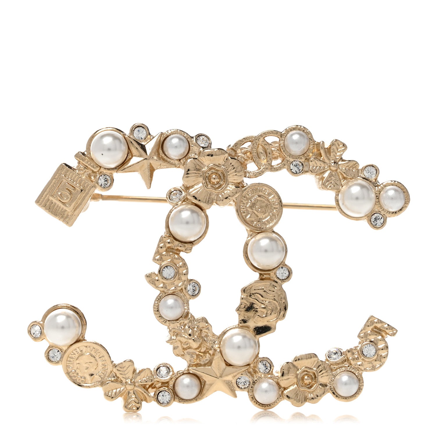 Chanel Crystal Pearl CC Charms Brooch Gold 1 of 5