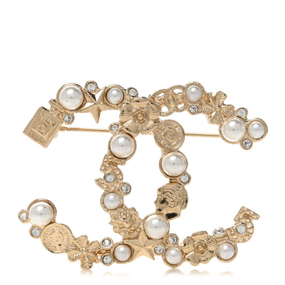 Chanel Crystal Pearl CC Charms Brooch Gold 1 of 5