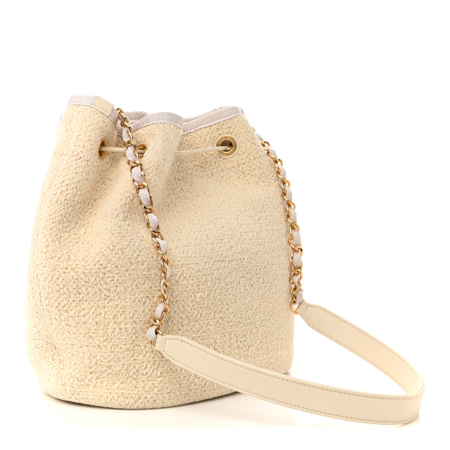 Lurex Boucle Deauville Drawstring Bucket Bag Ivory