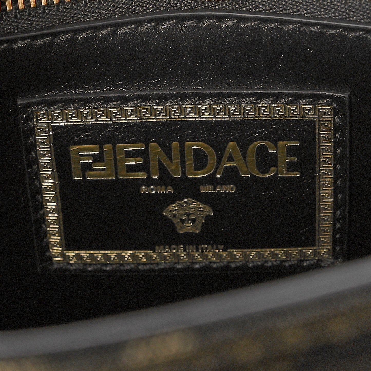 X FENDI Grained Calfskin Fendace Medium La Medusa Top Handle Bag Black Brown