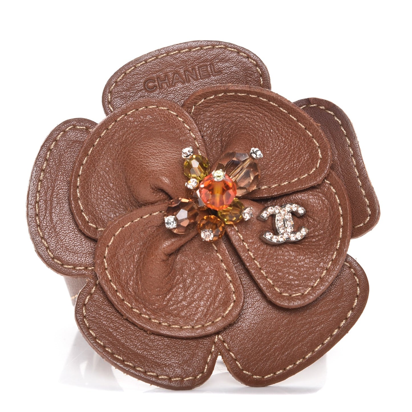 Calfskin Crystal Camellia Double Wrap Bracelet Brown