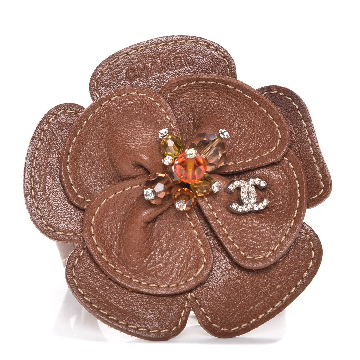 Chanel Calfskin Crystal Camellia Double Wrap Bracelet Brown 1 of 8