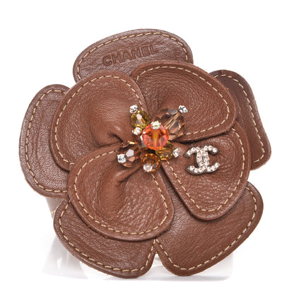 Chanel Calfskin Crystal Camellia Double Wrap Bracelet Brown 1 of 8