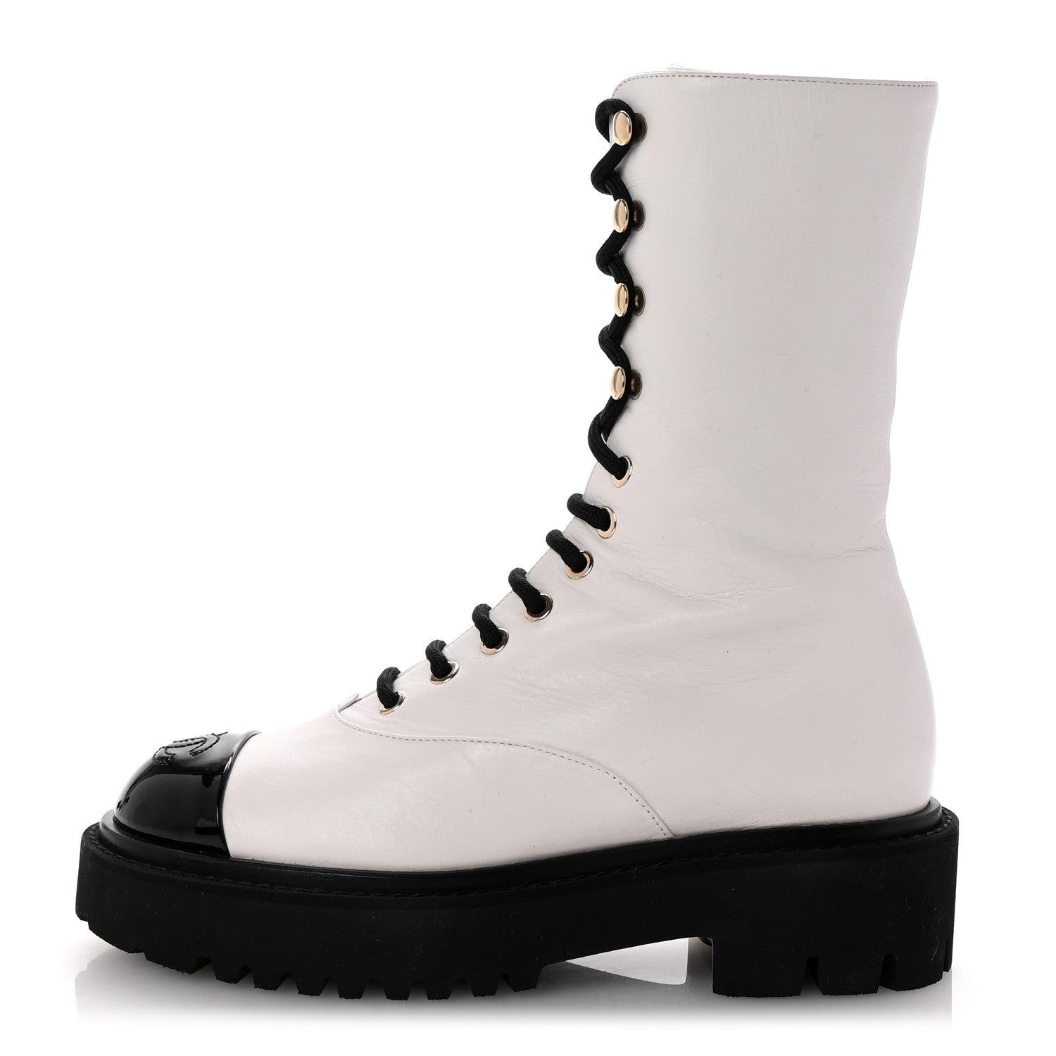 Chanel Crumpled Calfskin Patent Cap Toe Lace Up Combat Boots 36 White Black 1 of 9