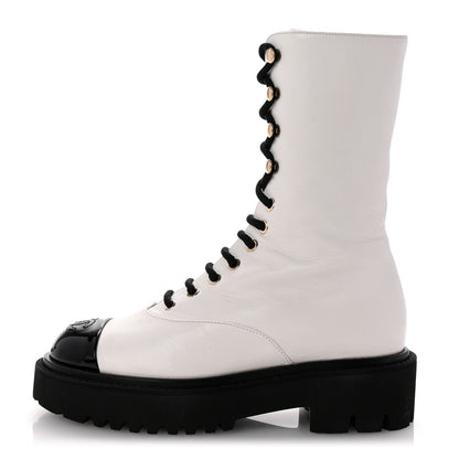 Chanel Crumpled Calfskin Patent Cap Toe Lace Up Combat Boots 36 White Black 1 of 9