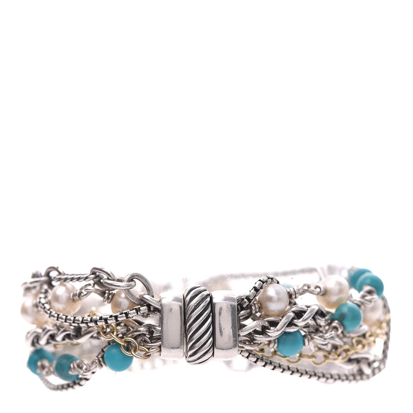 Sterling Silver 18K Yellow Gold Turquoise Pearl Multi Strand Bracelet