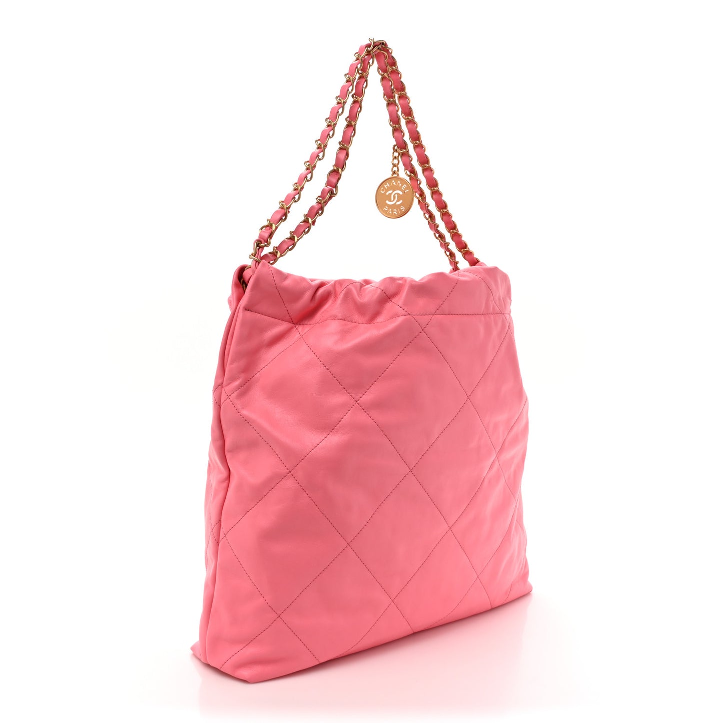 Shiny Calfskin Quilted Chanel 22 Drawstring Bag Coral Pink