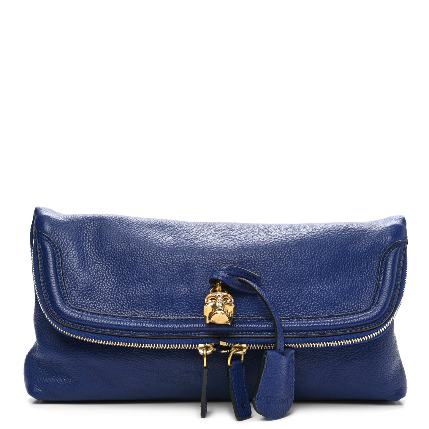 Grainy Calfskin Padlock Skull Clutch Blue