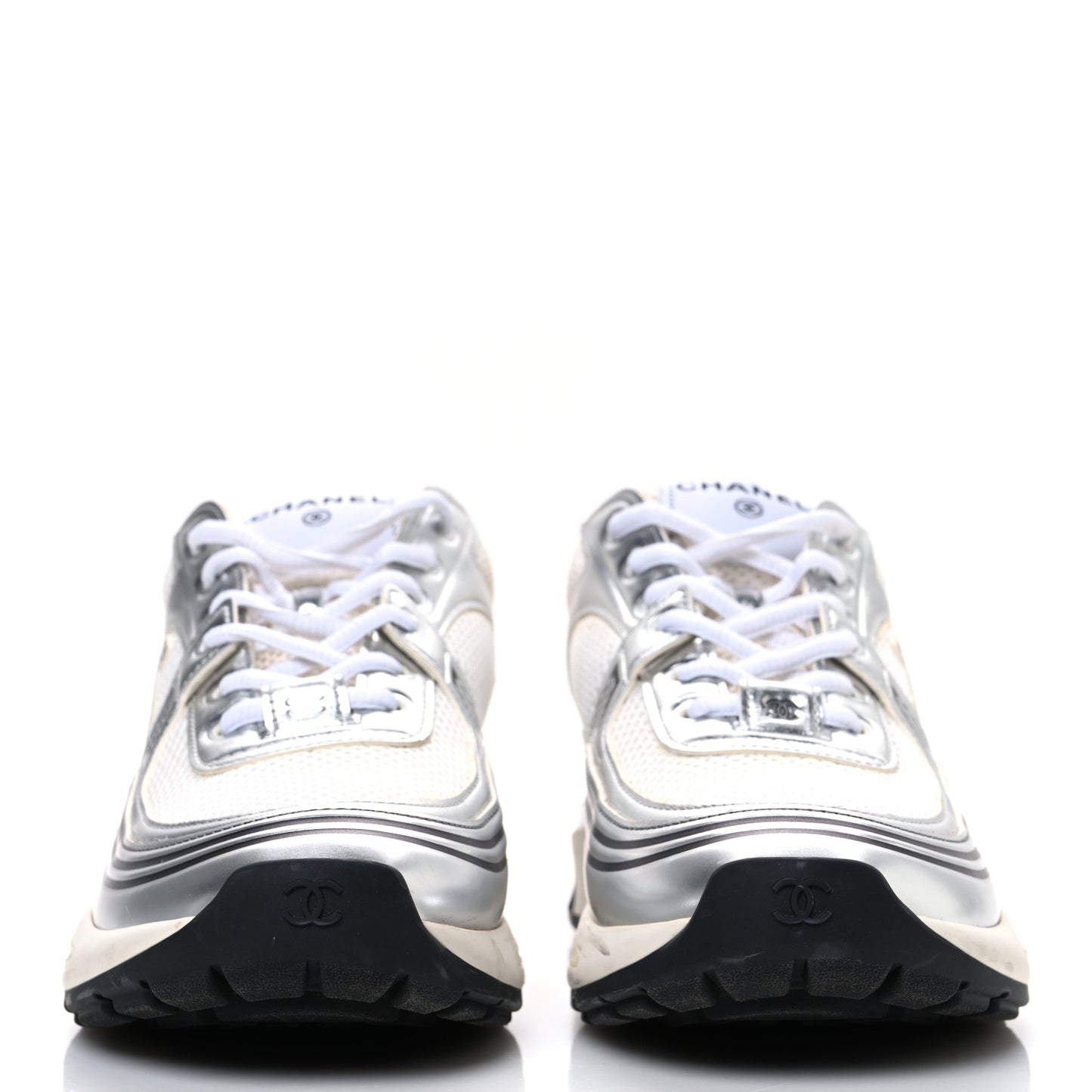 Fabric Laminated Calfskin Stretch CC Womens Sneakers 40 White Silver