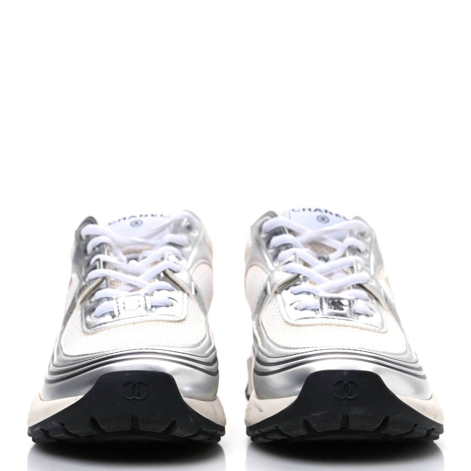 Chanel Fabric Laminated Calfskin Stretch CC Womens Sneakers 40 White Silver 3 of 13