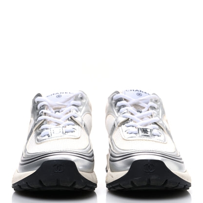 Chanel Fabric Laminated Calfskin Stretch CC Womens Sneakers 40 White Silver 3 of 13