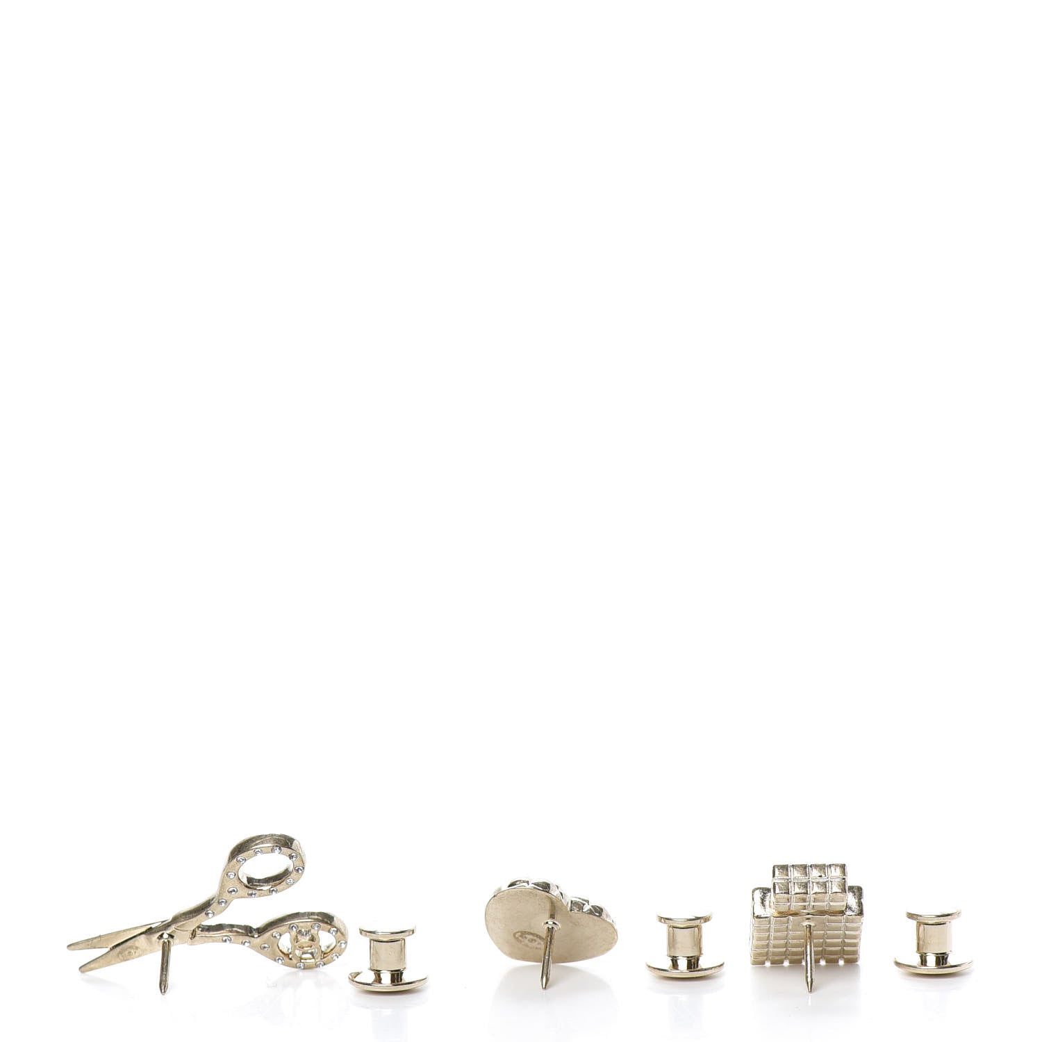 Chanel Metal Strass Crystal Quilted CC Heart Scissors Perfume Brooch Set Gold 3 of 5