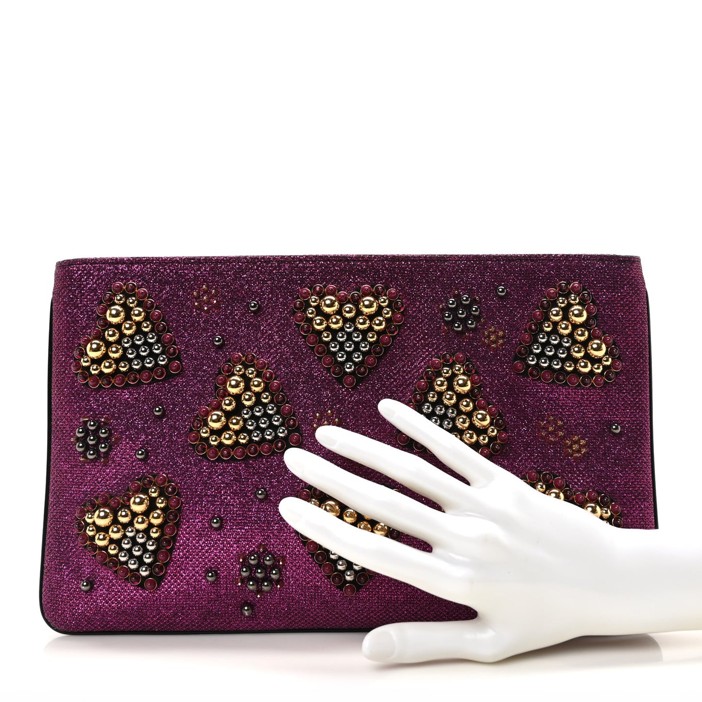 Metallic Raffia Studded Loubiposh Chain Clutch Magenta