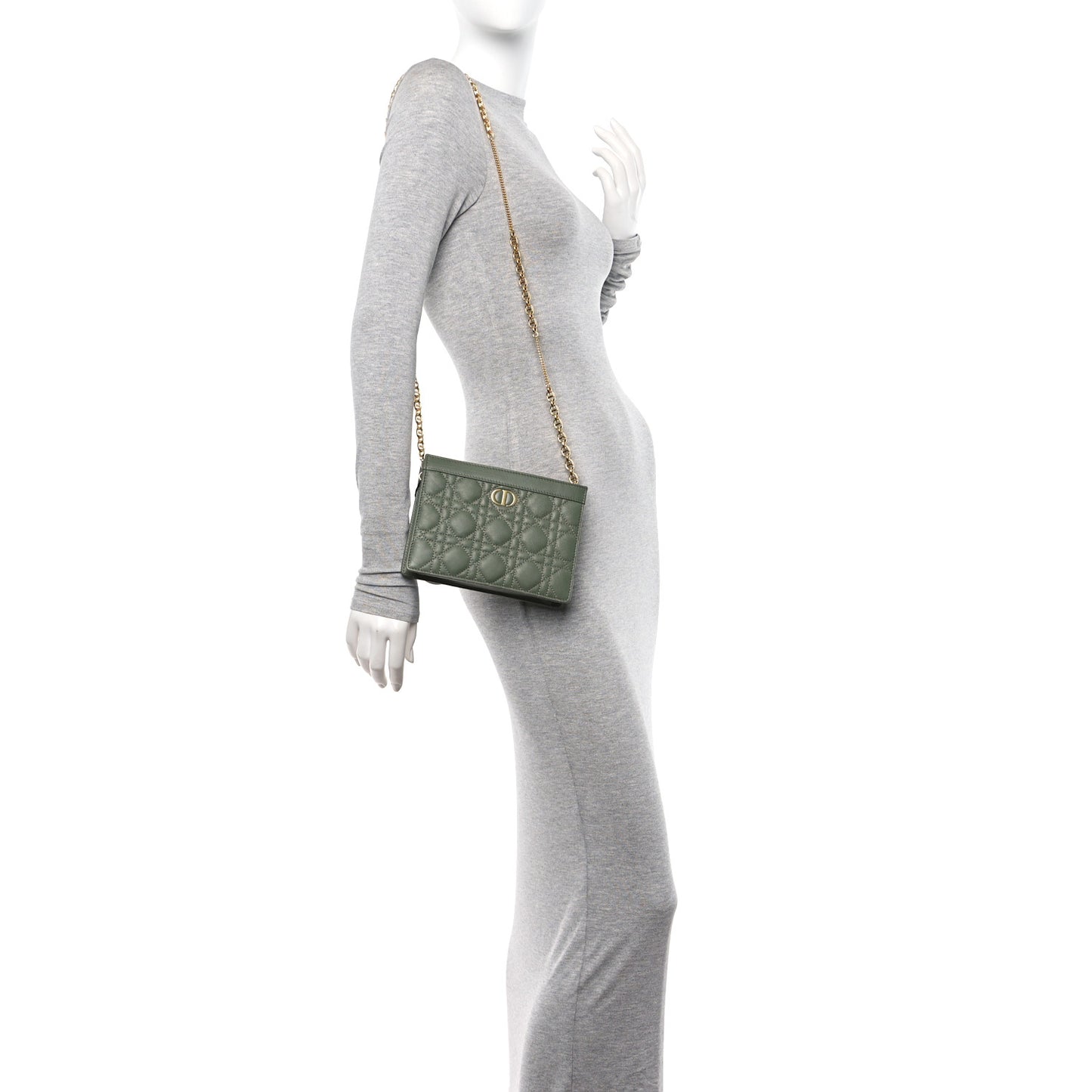 Calfskin Cannage Caro Zipped Pouch With Chain Cedar Green