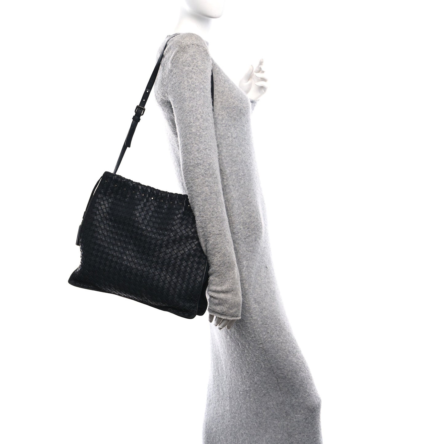 Nappa Intrecciato Medium Drawstring Tassel Tote Black