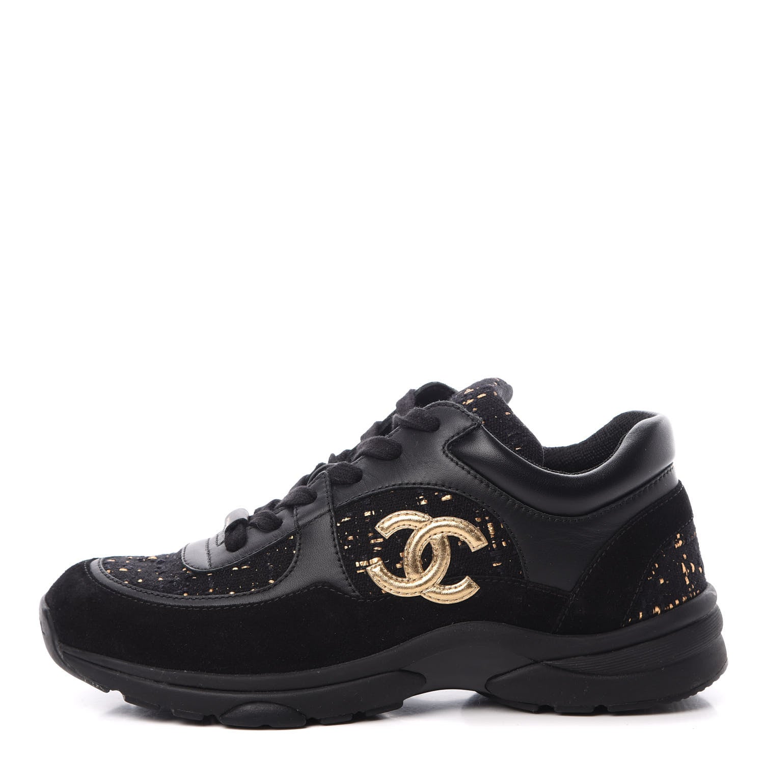 Chanel Velour Tweed CC Sneakers 37 Black Gold 1 of 7