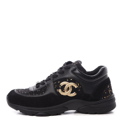 Chanel Velour Tweed CC Sneakers 37 Black Gold 1 of 7