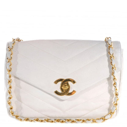 Chanel Caviar Chevron Jumbo Flap White 1 of 10
