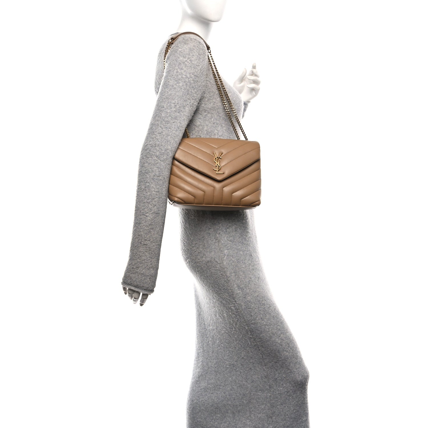 Saint Laurent Calfskin Y Quilted Monogram Small Loulou Chain Satchel Natural Tan 2 of 9