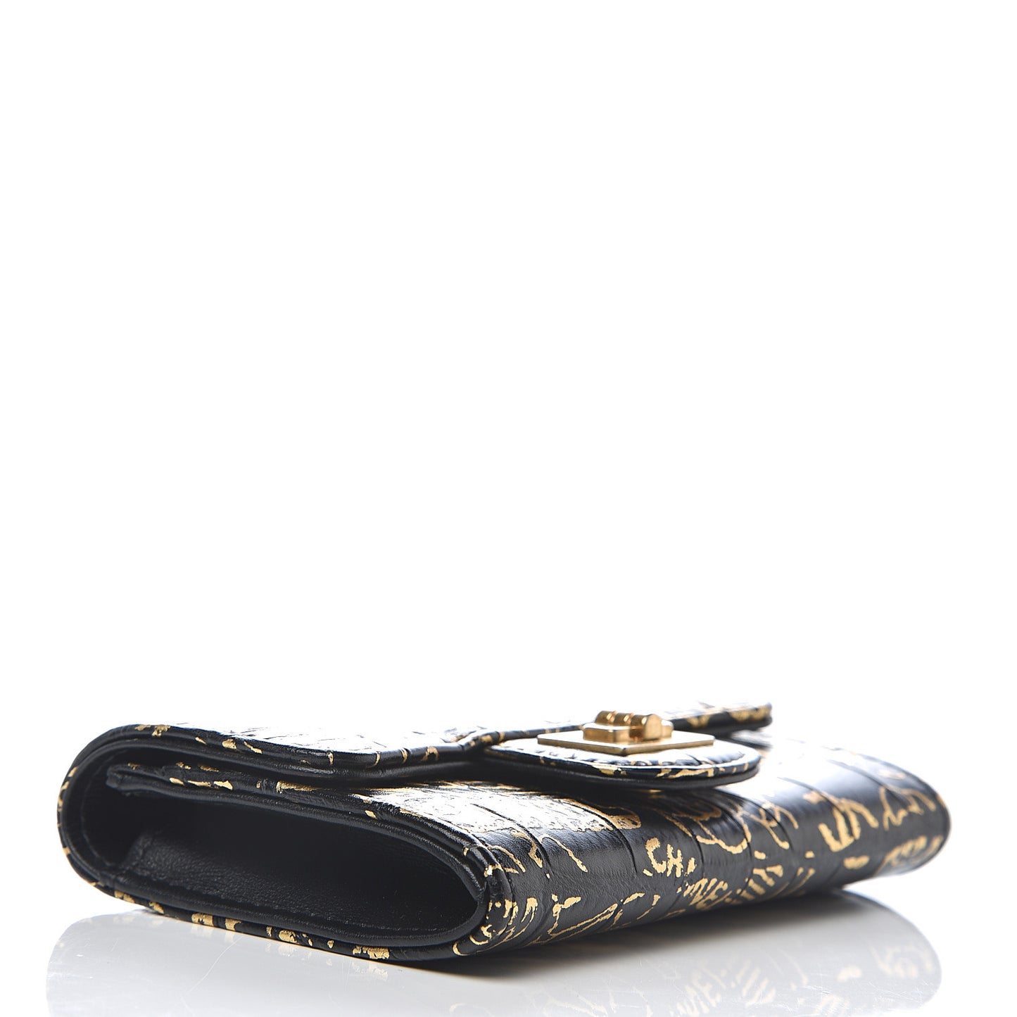 Calfskin Crocodile Embossed Graffiti Reissue Card Holder Wallet Black Gold
