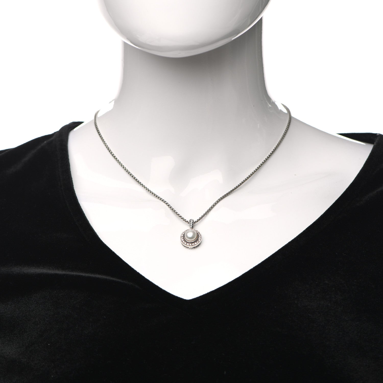 David Yurman Sterling Silver Diamond Pearl 8mm Cerise Pendant Necklace 2 of 4