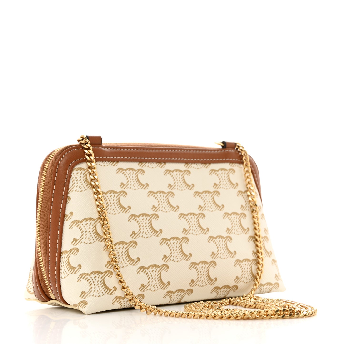 Lambskin Triomphe Canvas Clutch With Chain White Tan