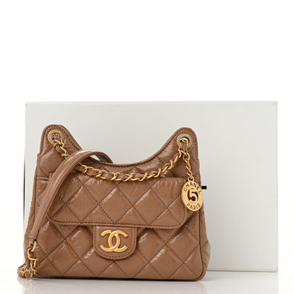 Chanel Shiny Crumpled Calfskin Quilted Small Wavy CC Hobo Dark Beige 11 of 11